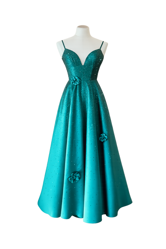 Robe de bal vert émeraude à paillettes